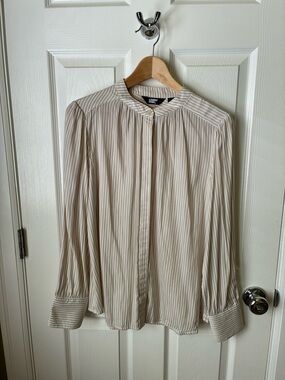 Lands' End women’s Cream and Beige Striped Band-Collar Shirt